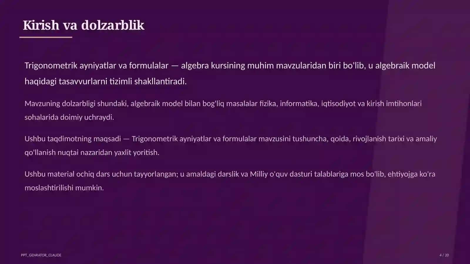 Trigonometrik ayniyatlar va formulalar (10-sinf) 4