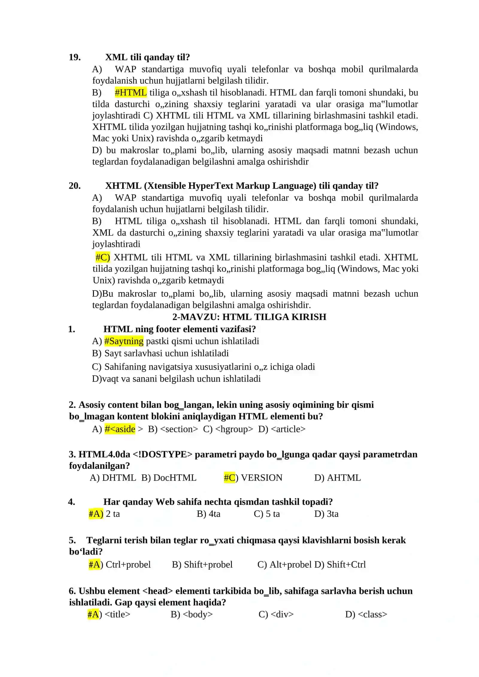 WEB DASTURLASHGA KIRISH FANIDAN IV-SEMESTR MAVZULASHTIRILGAN TESTLAR 4