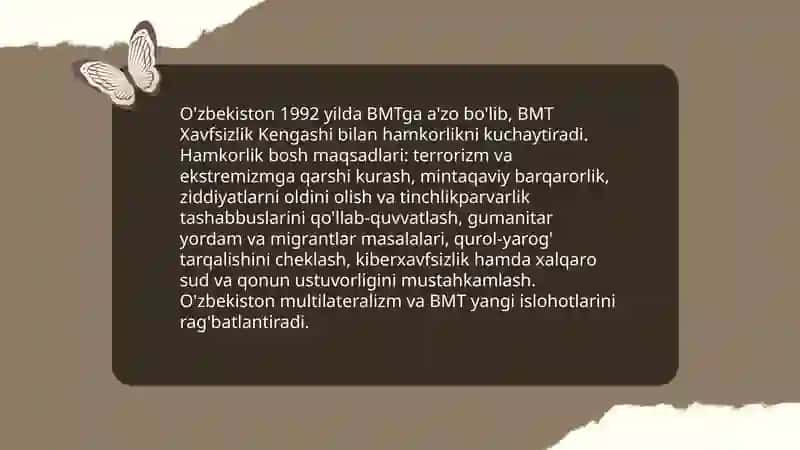 O'zbekiston Respublikasining BMT, MDH, SHHT kabi xalqaro tashkilotlar bilan aloqalari 4