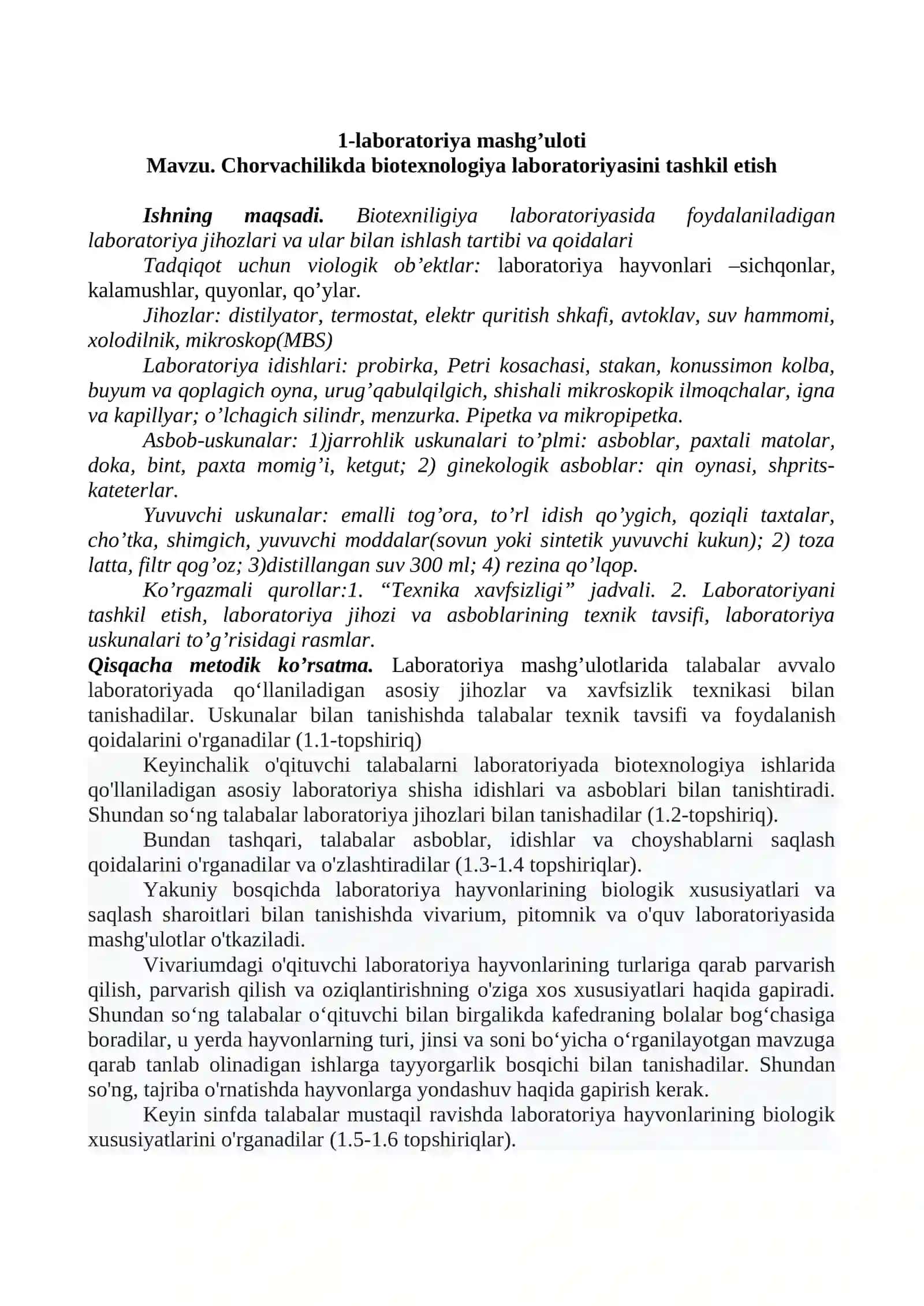 Chorvachilikda biotexnologiya fanidan laboratoriya ishlarini bajarish uchun uslubiy ko’rsatma 4