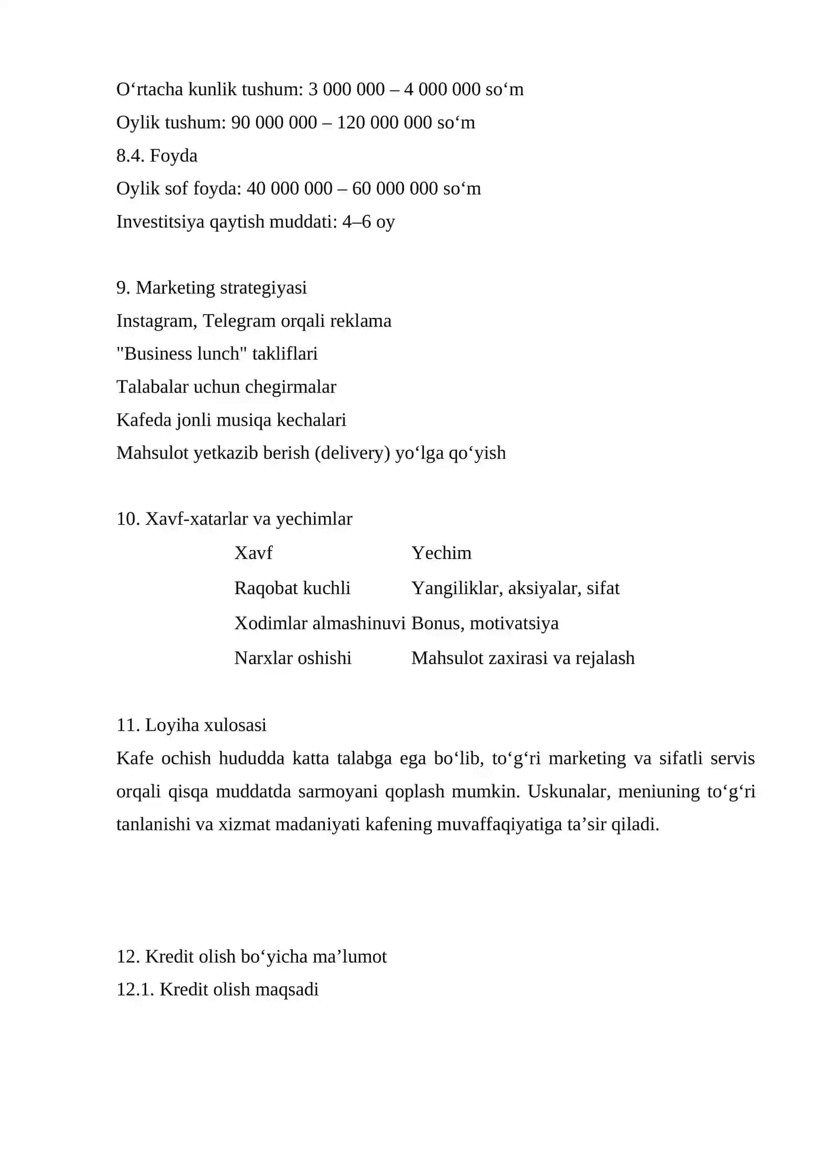 KAFE OCHISH BO‘YICHA BIZNES REJA 4