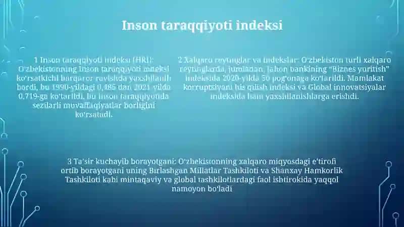 O'Zbekiston Respublikasining Xalqaro Reyting Va Indekslardagi O'Rni Va Nufuzini Ortib Borishi 4