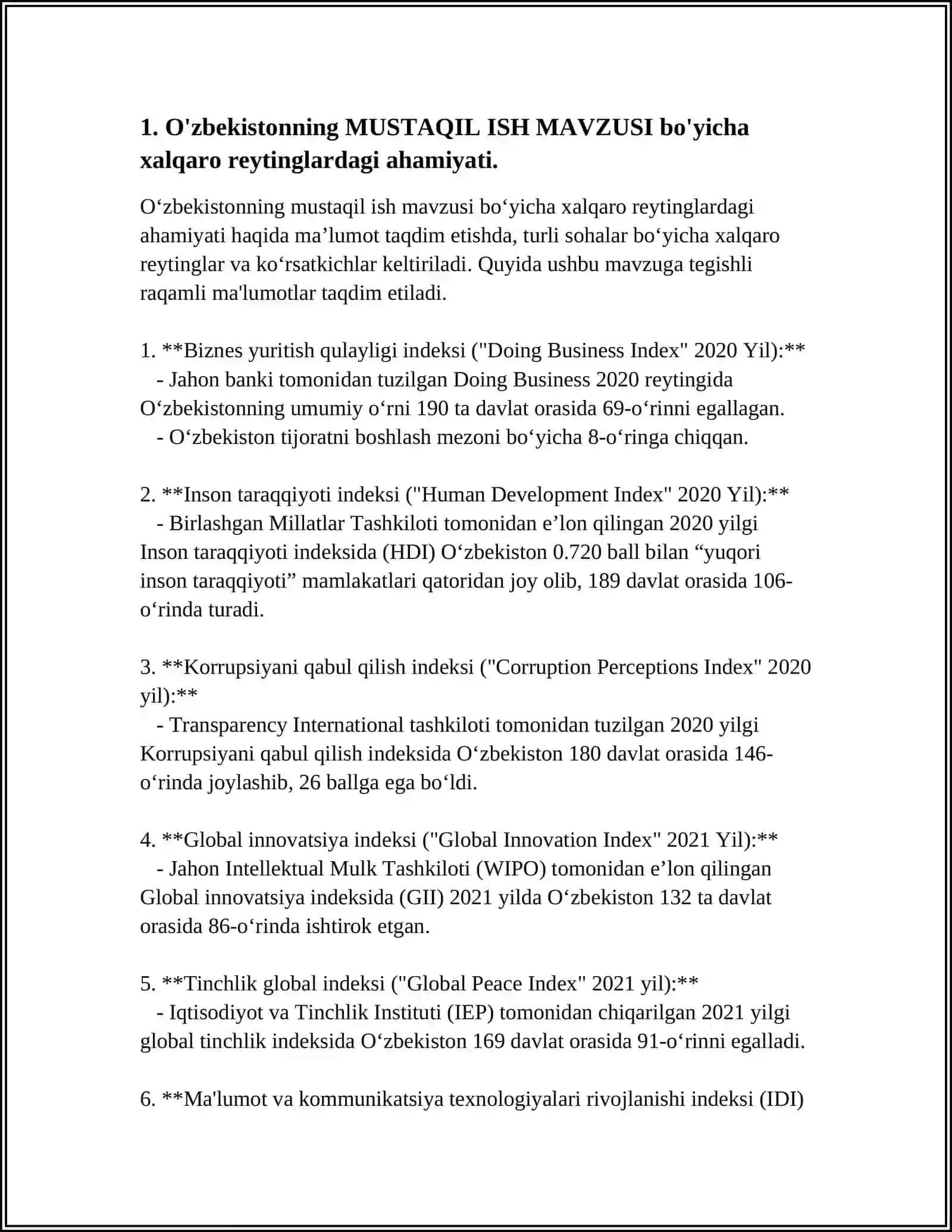 MUSTAQQIL ISH MAVZUSI:IJTIMOIY VA IQTISODIY SOHADAGI USTUVOR XALQARO REYTINGLAR VA ULARGA O'ZBEKISTONNING INTEGRATSIYALASHUVI 4