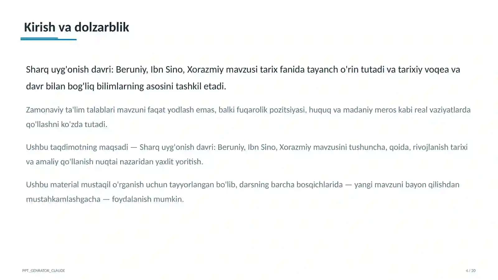 Sharq uyg'onish davri: Beruniy, Ibn Sino, Xorazmiy (7-sinf) 4