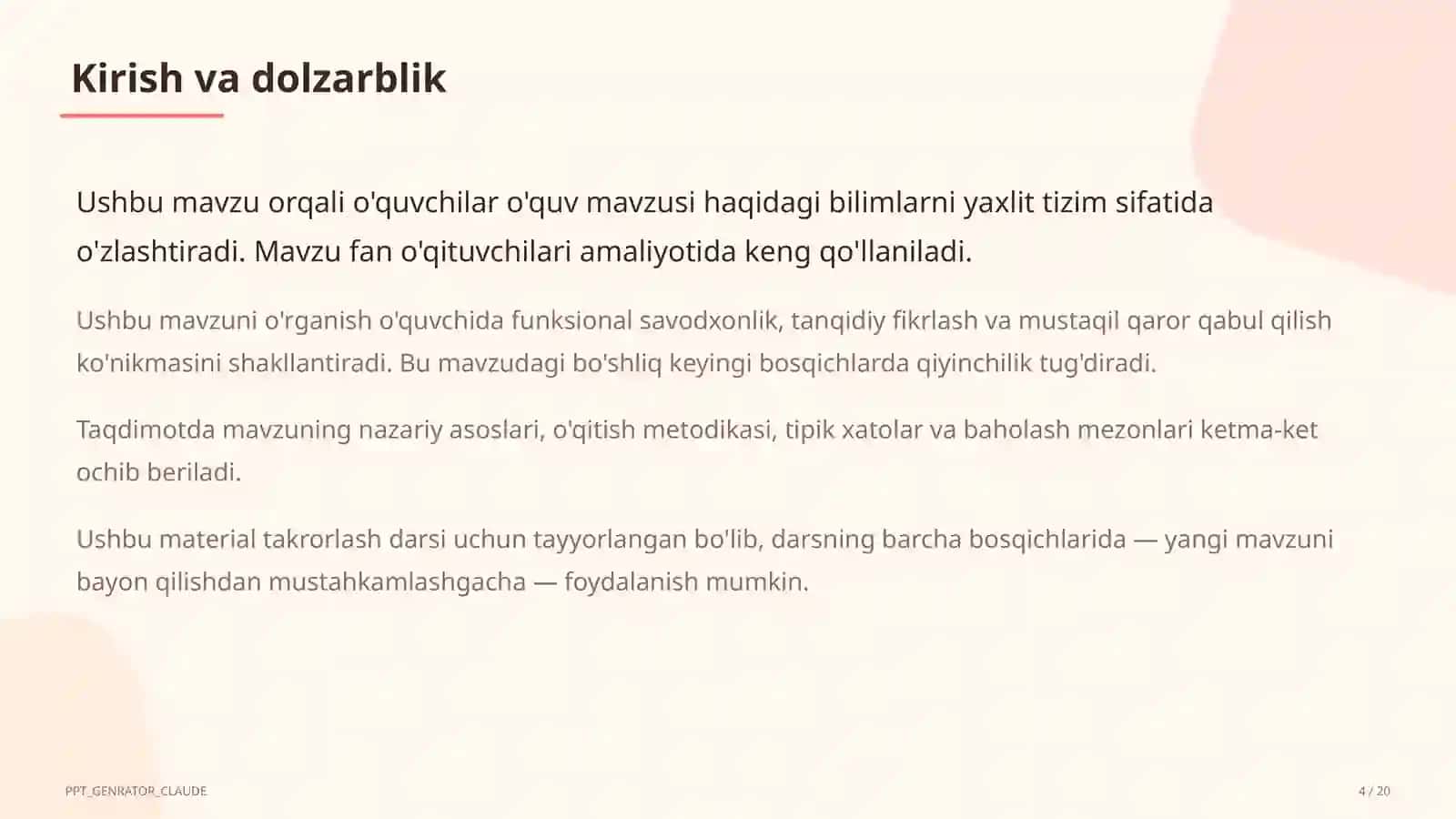 Dolzarb mavzular — maktab va o'qituvchilar (2026) — takrorlash darsi uchun 4