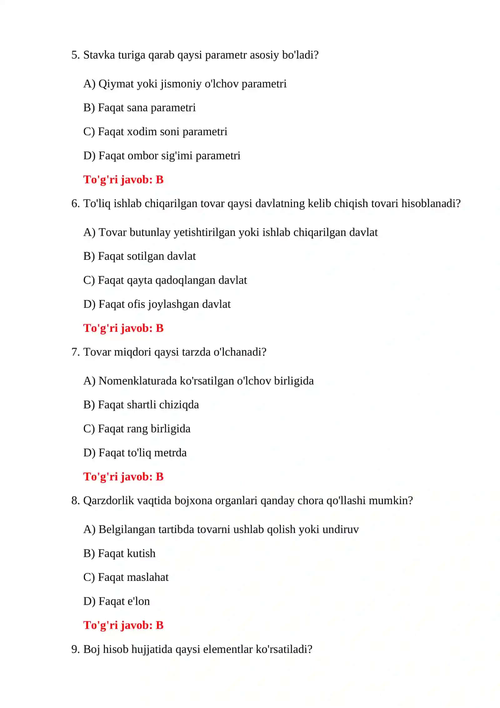 BOJXONA TARIF SIYOSATI TESTLARI 4