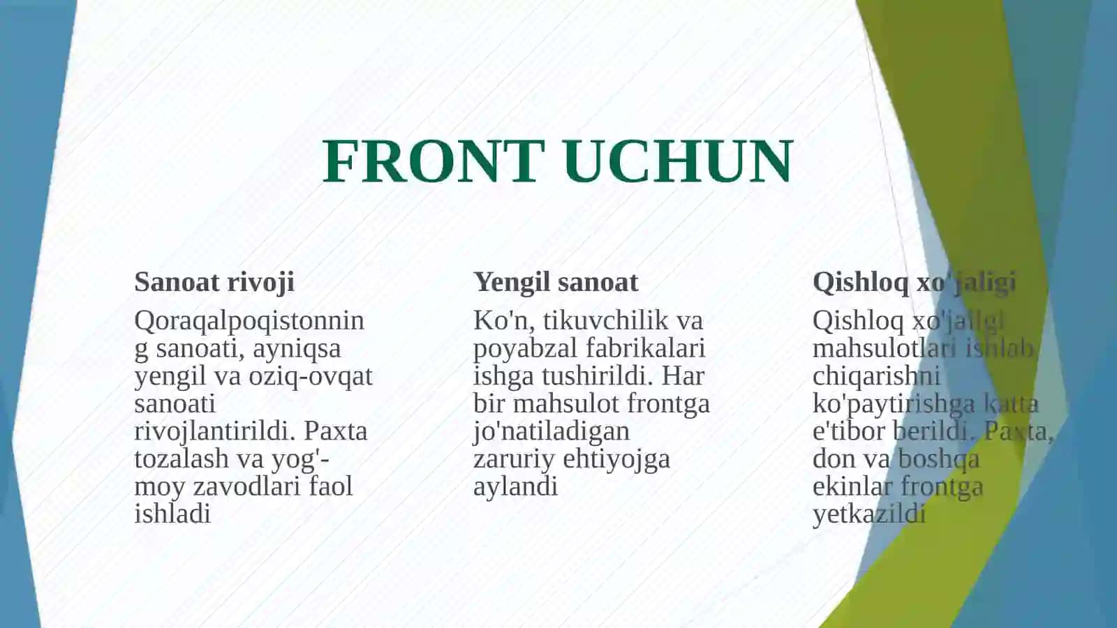 Ikkinchi yer yuzlik urush yillarida Qoraqalpoq xalqining fashizm ustidan erishilgan yutuqqa qo‘shilgan ulushi 4
