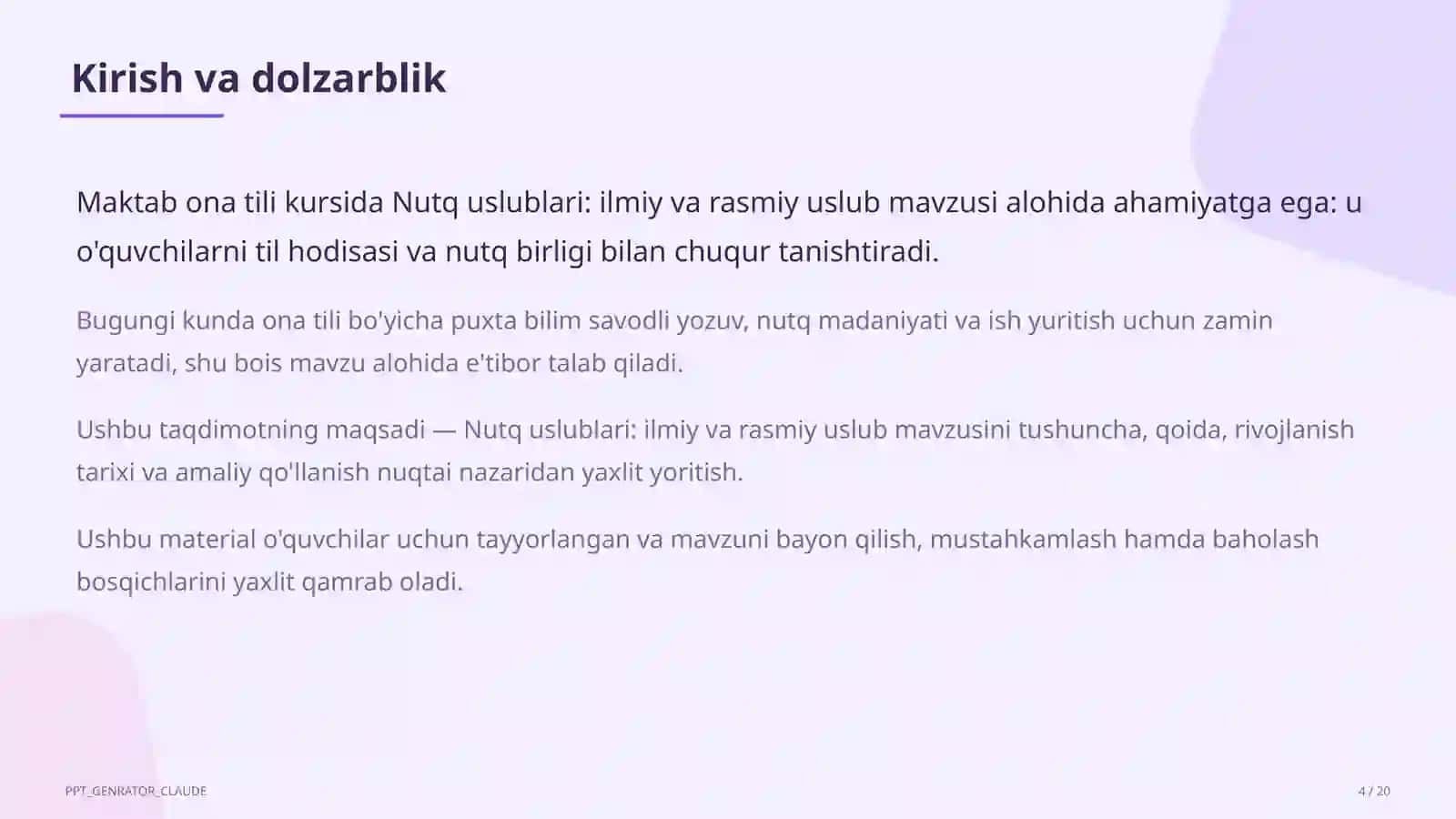 Nutq uslublari: ilmiy va rasmiy uslub (10-sinf) 4