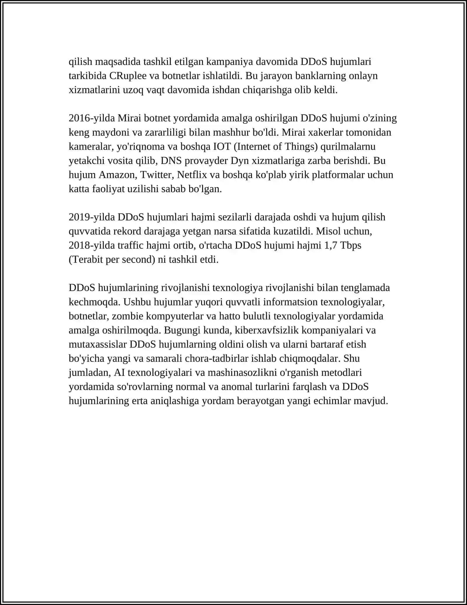 DDOS (DISTRIBUTED DENIAL OF SERVICE) HUJUMLARI VA ULARGA QARSHI HIMOYA USULLARI 4