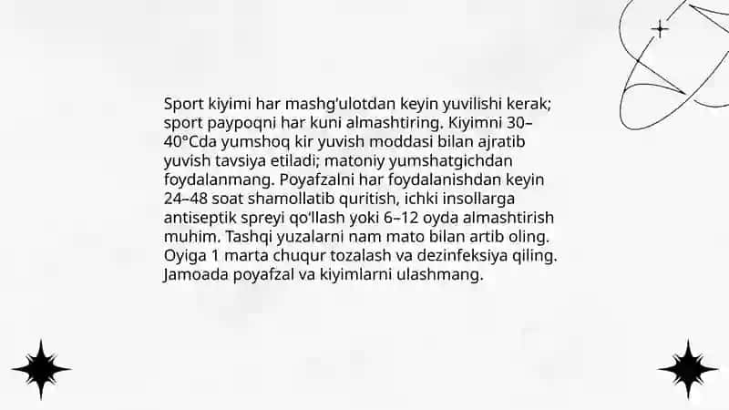 Jismoniy tarbiya va sport bilan shugʻullanishda shaxsiy va jamoa gigiyenasi 4