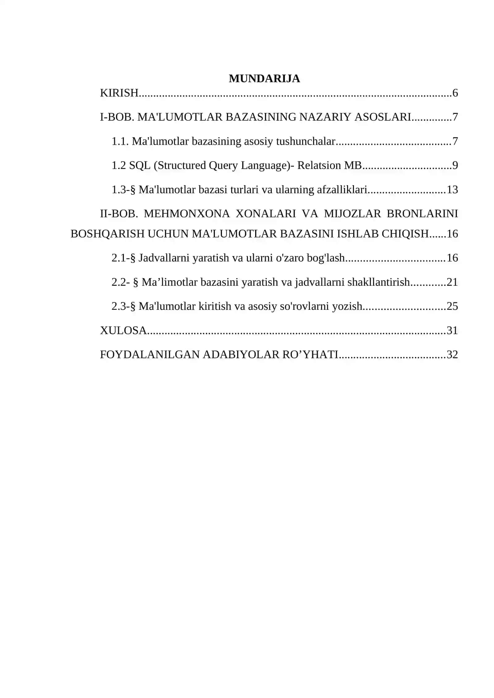 Mehmonxona xonalari va mijozlar bronlarini boshqarish uchun ma'lumotlar bazasini yaratish 4