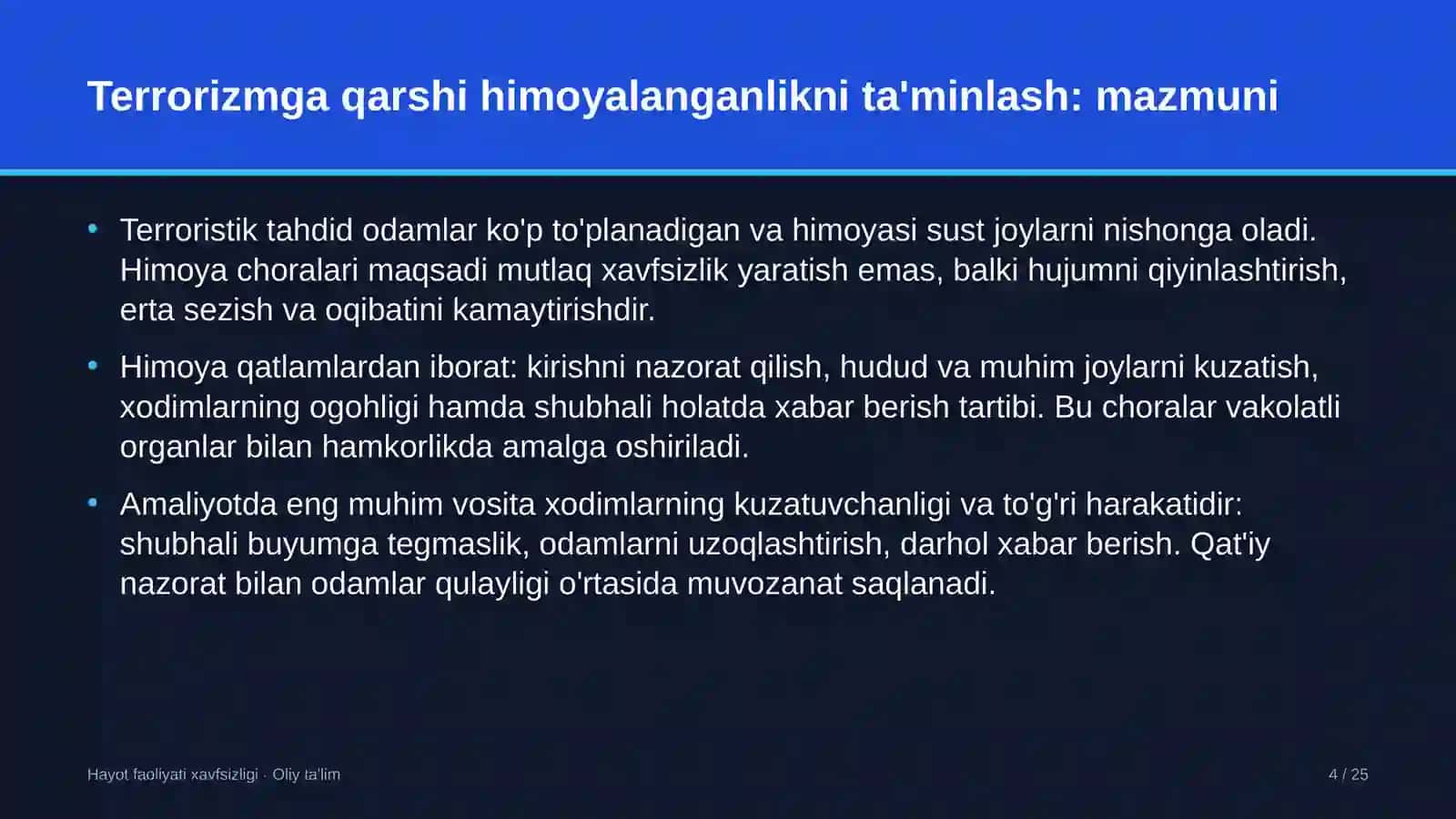 Hayot faoliyati xavfsizligi · Oliy ta'lim 4