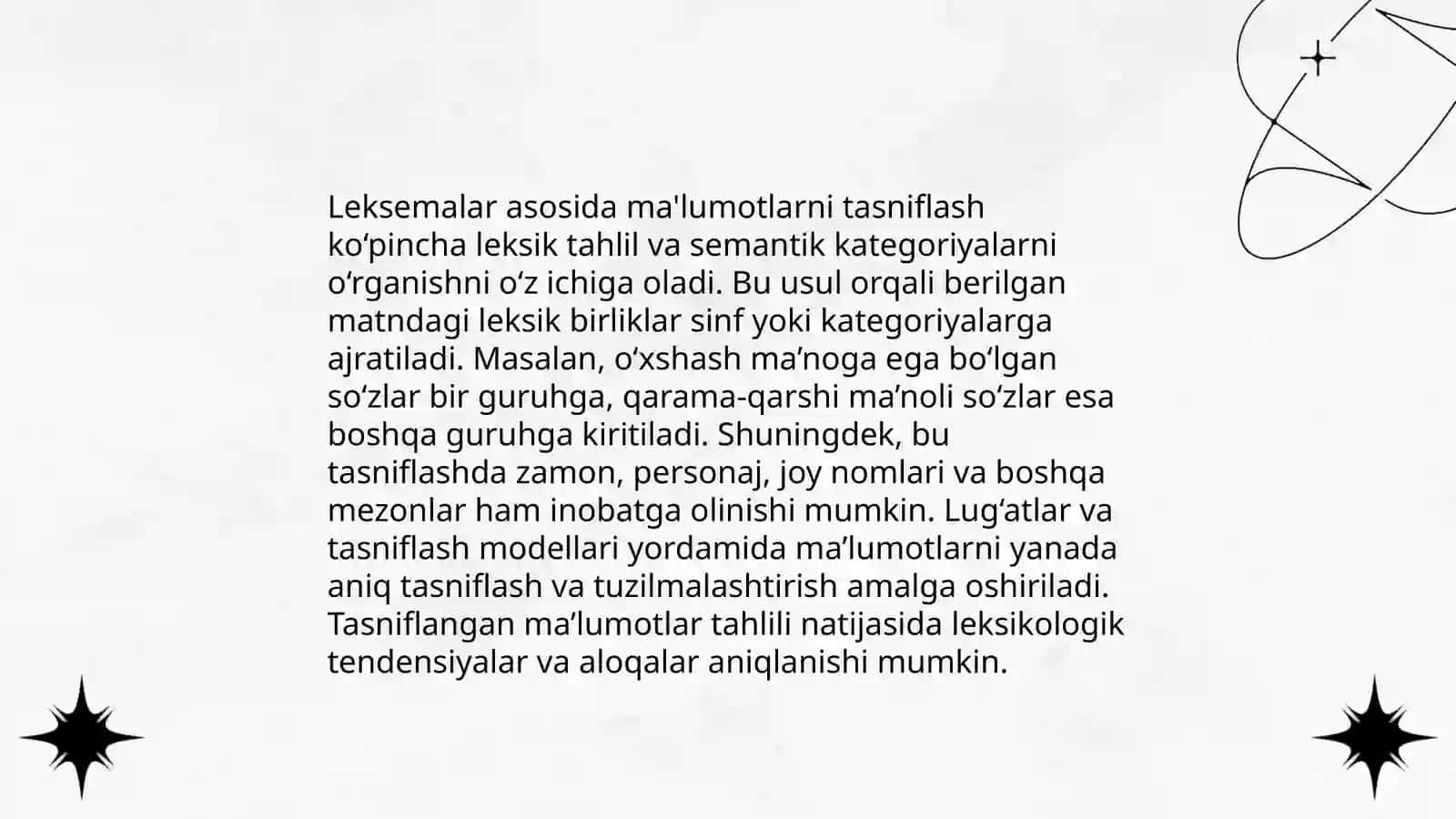Linvistik ma'lumotlarni ( morfema, leksema, frezama, birikma va gap ) kompyuter ta'minotiga kirish, qayta ishlash 4