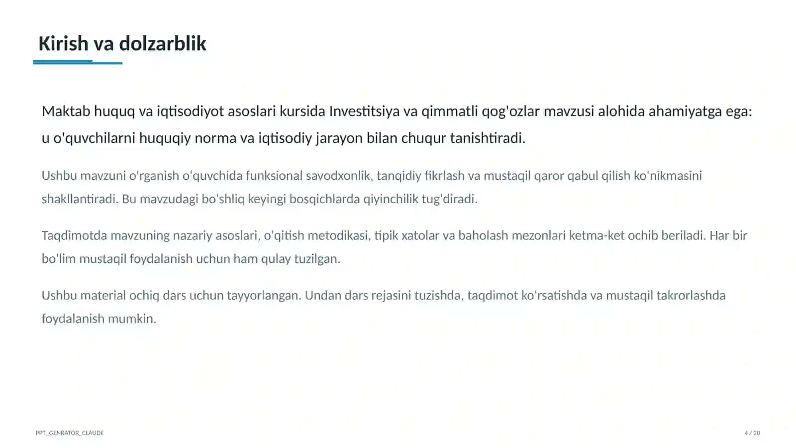Huquq va iqtisodiyot asoslari (9–11) — ochiq dars uchun 4