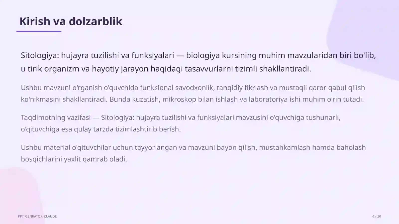 Sitologiya: hujayra tuzilishi va funksiyalari (9-sinf) 4