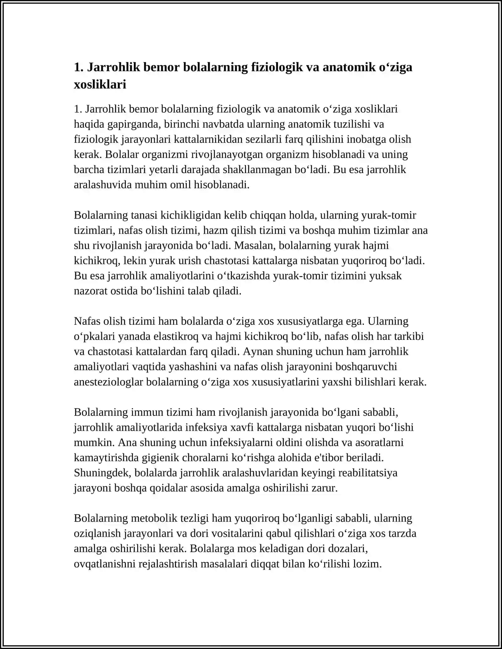 XIRURGIK BEMOR BOLALARNING O‘ZIGA XOS XUSUSIYATLARI, ULARNI QABUL QILISHDA SHIFOKORNING TUTGAN O‘RNI. BIOETIKA VA DEONTOLOGIYA ASOSLARINI XIRURGIK BEMOR BOLALARNI QABUL QILISHDA QO‘LLASHNING AHAMIYATI 4