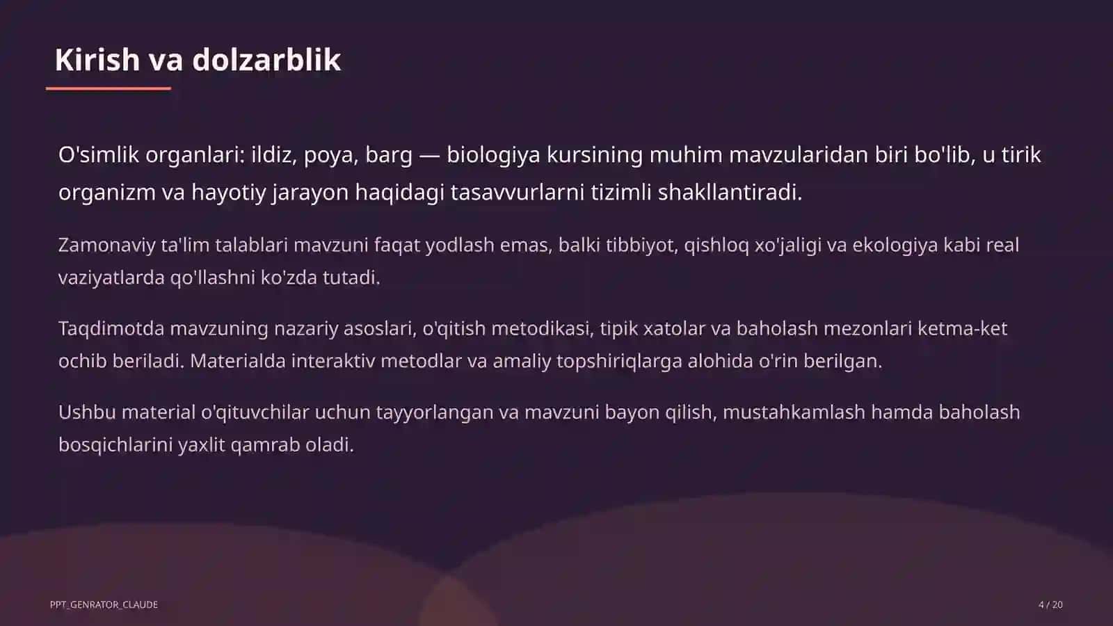 O'simlik organlari: ildiz, poya, barg (5-sinf) Biologiya (5–11) — o'qituvchilar uchun 4
