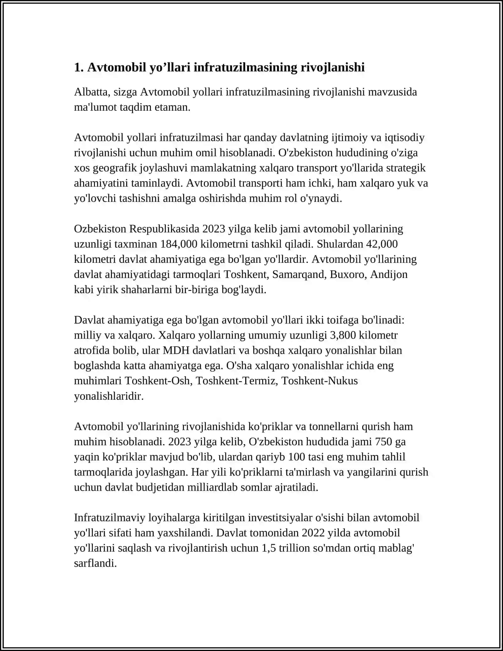 O’ZBEKISTON RESPUBLIKASI AVTOMOBIL YO’LLARINING MUSTAQILLIK YILLARIDA RIVOJLANISHI VA TAKOMILLASHISHI 4