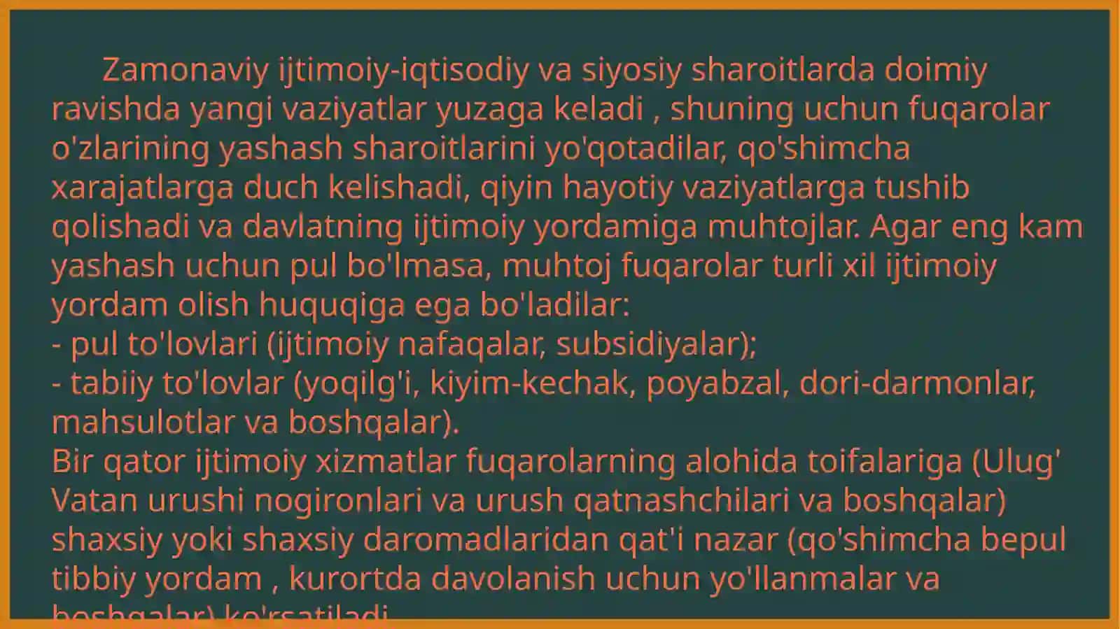 Ijtimoiy yordamning asosiy turlari (kompensatsion toʻlov subsidiya haqida). 4