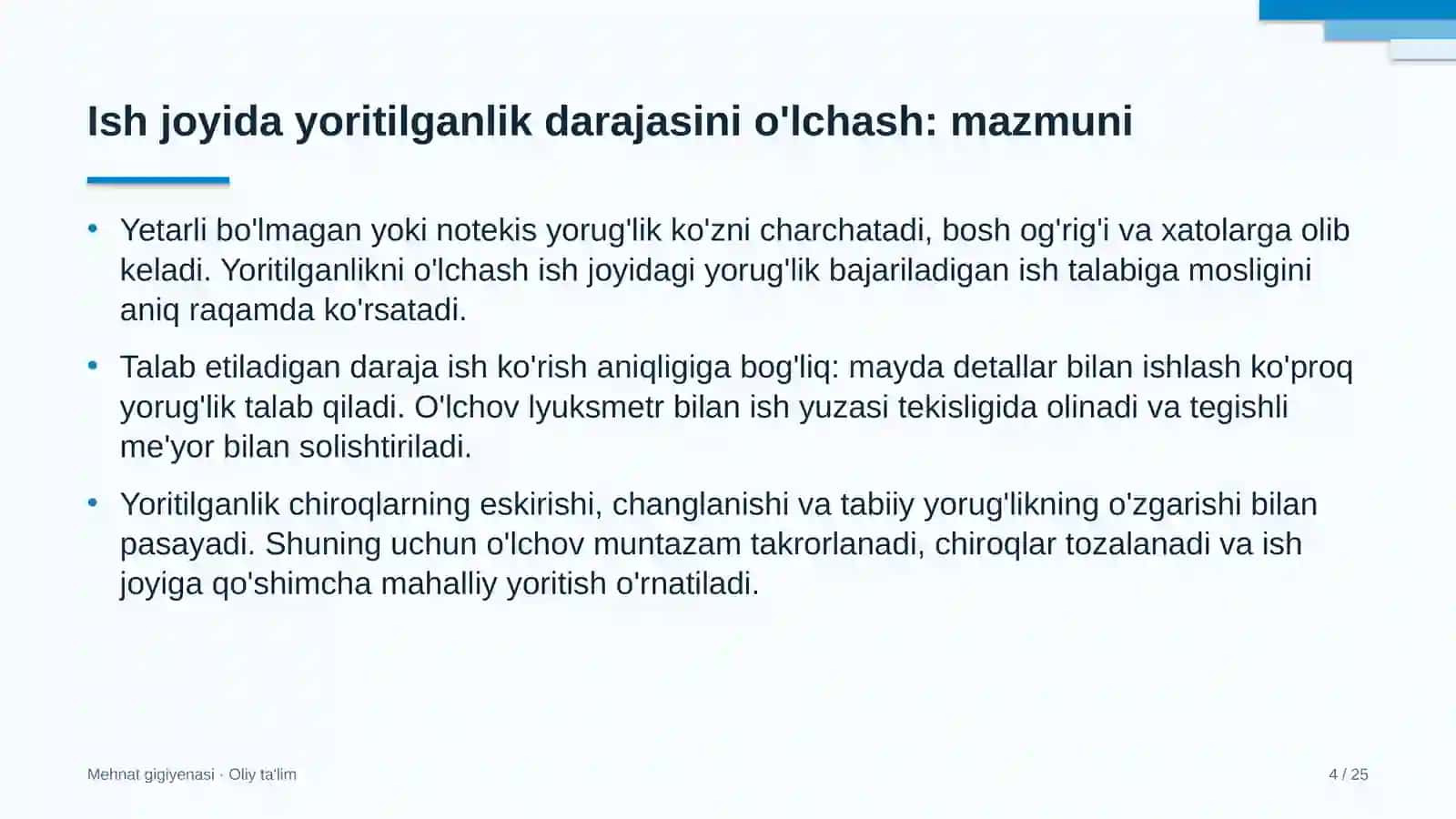 tog' kon sanoatida ish joyida yoritilganlik darajasini o'lchash 4121 4