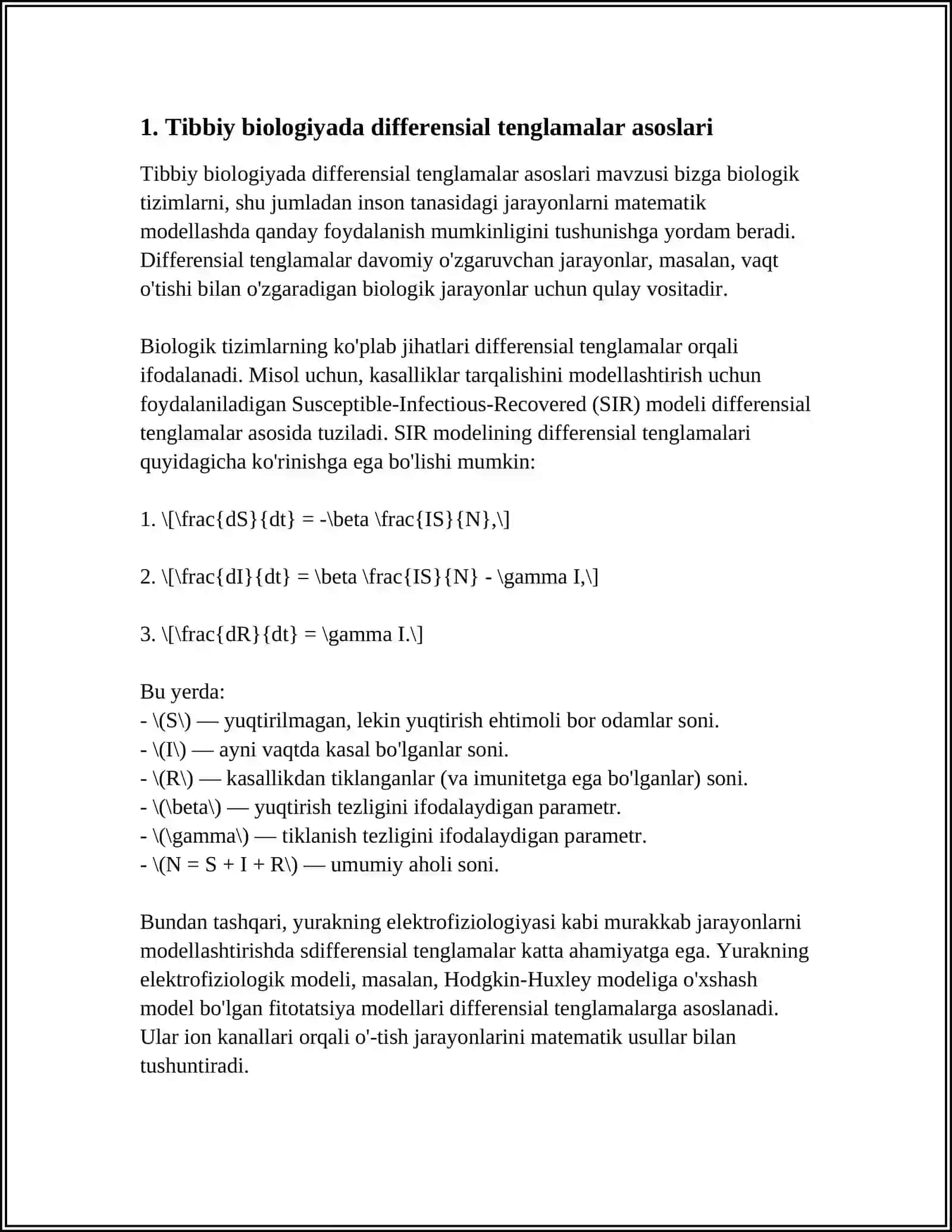 TIBBIY BIOLOGIK MAZMUNDAGI DIFFENSIAL TENGLAMALARNI TUZISH VA YECHISH 4