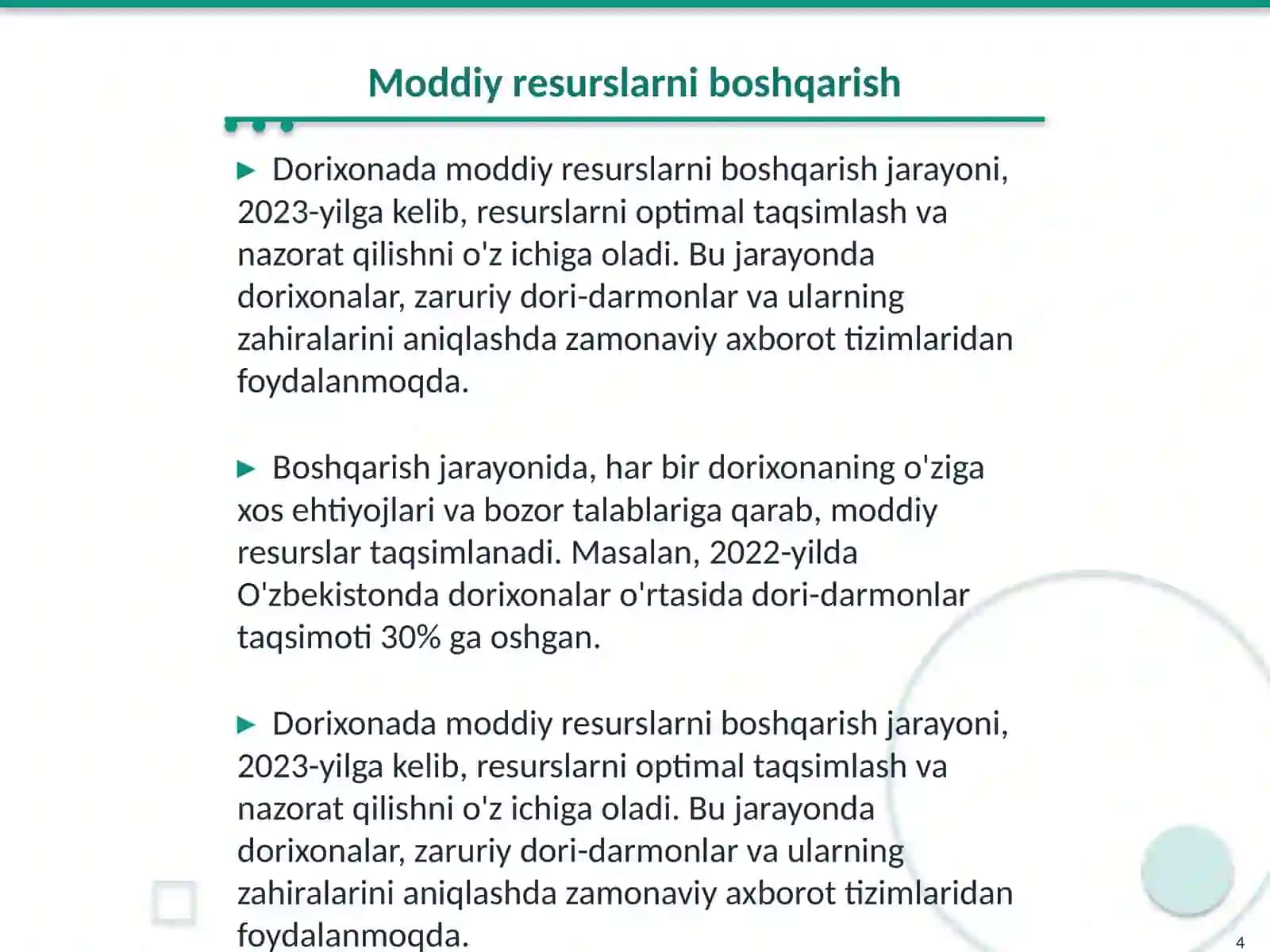 Dorixona moddiy meyorlari tahlili 4