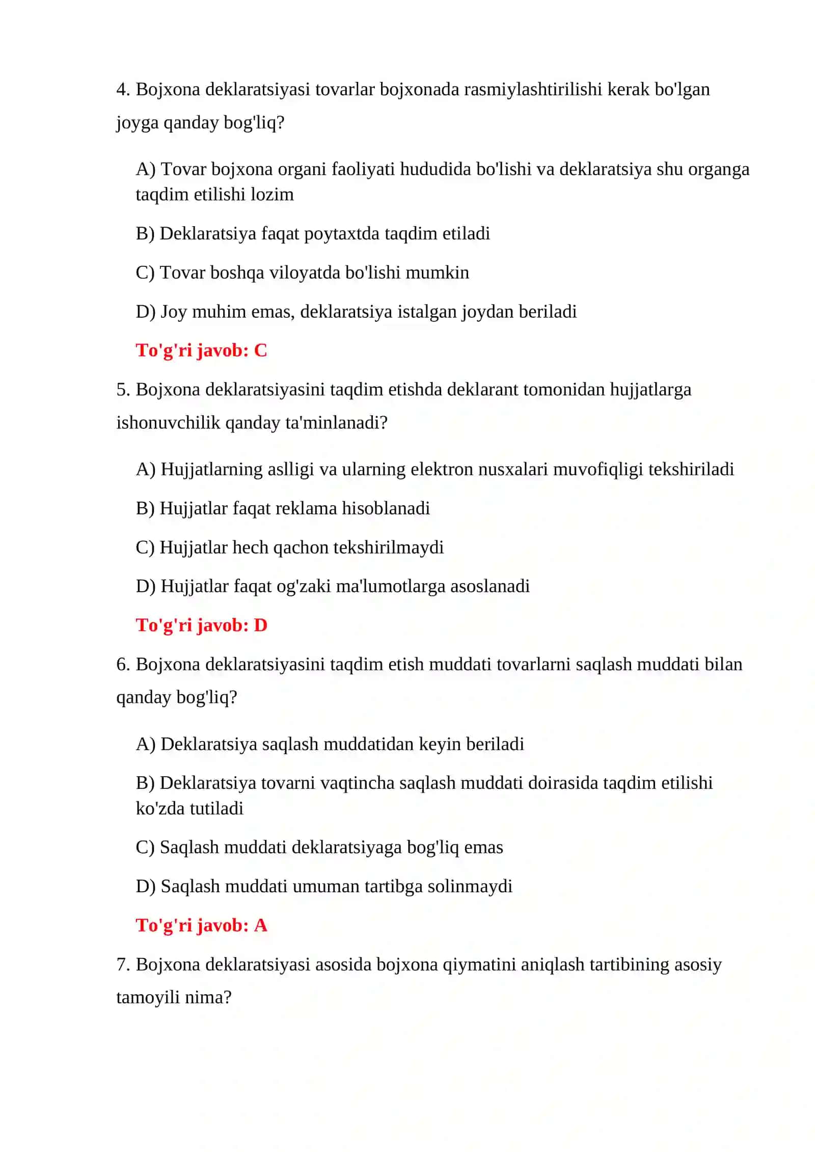 BOJXONA DEKLARATSIYASI IMTIHON SAVOLLARI 4