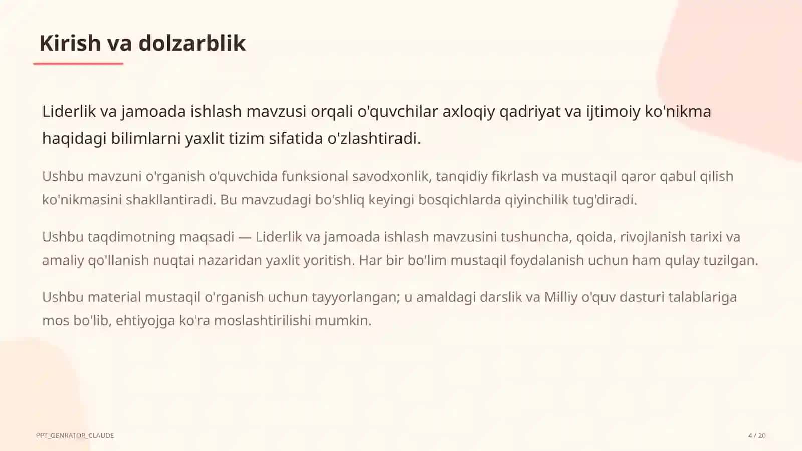 Liderlik va jamoada ishlash (11-sinf) 4