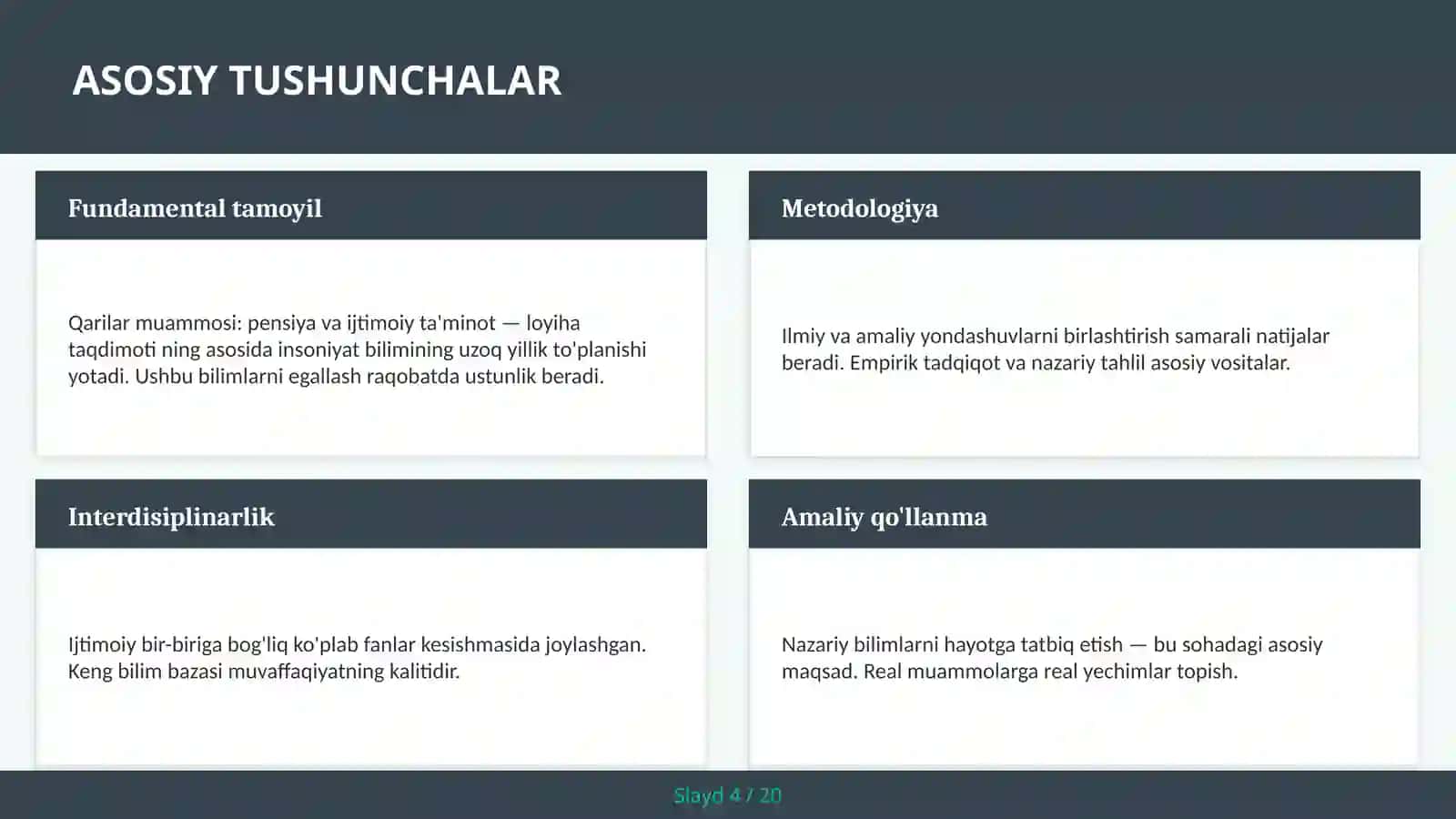 Qarilar muammosi: pensiya va ijtimoiy ta'minot — loyiha taqdimoti 4