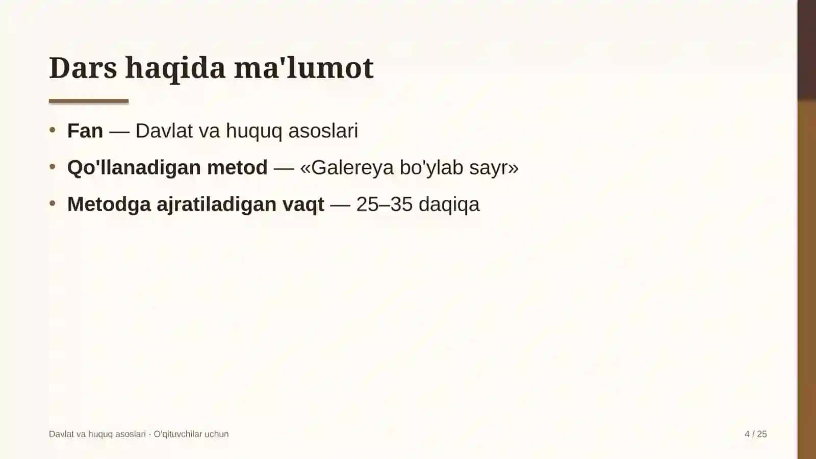 davlat va huquq asoslari darslarida galereya bo'ylab sayr metodidan foydalanish 8337 4
