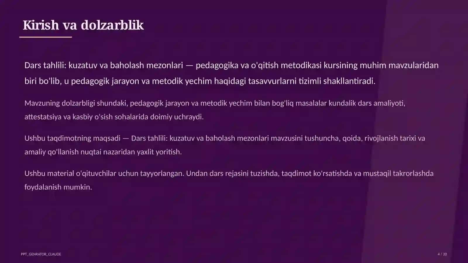 Dars tahlili: kuzatuv va baholash mezonlari 4