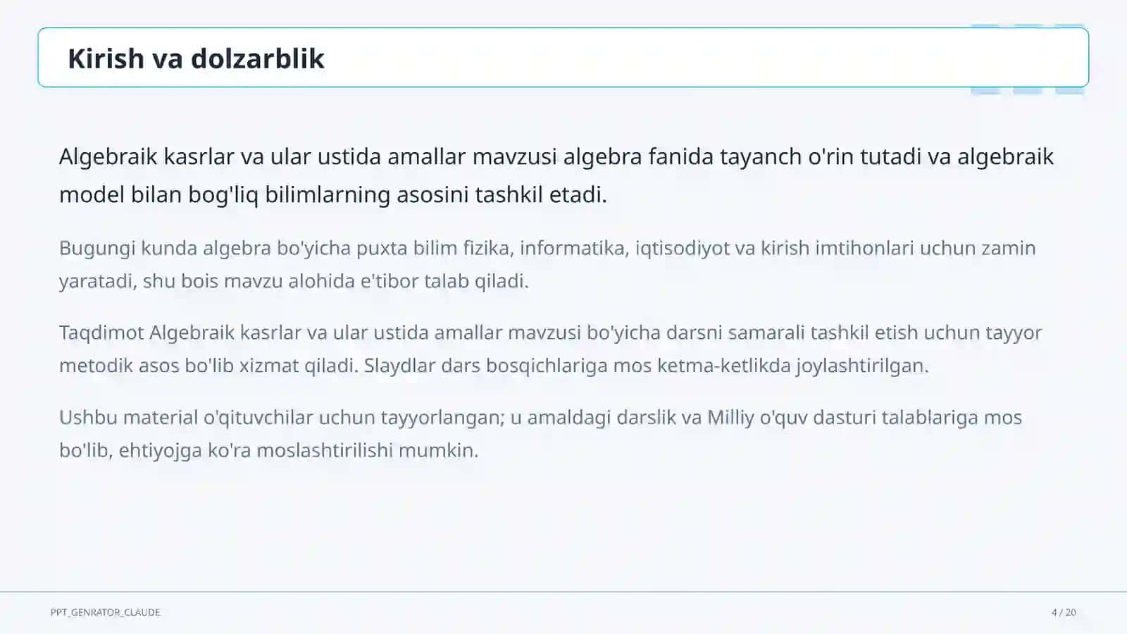 Algebraik kasrlar va ular ustida amallar (8-sinf) 4