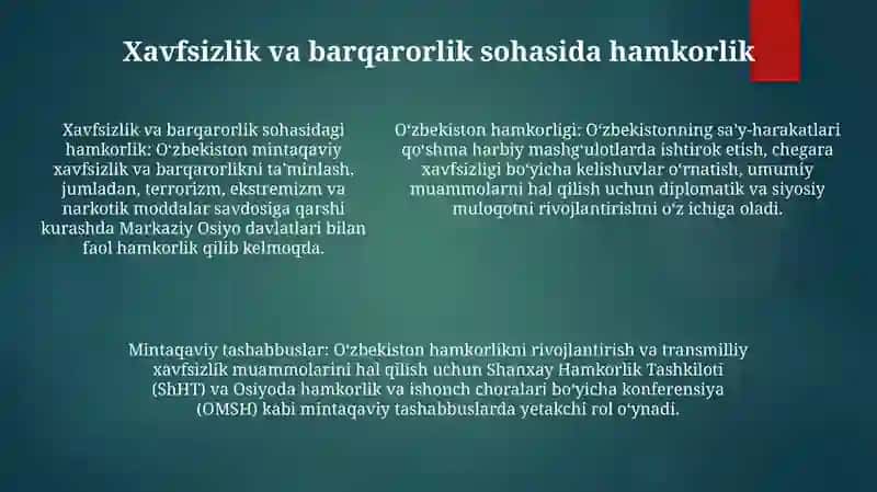 Oʻzbekiston Respublikasining Markaziy Osiyo Davlatlari Bilan Hamkorligi 4