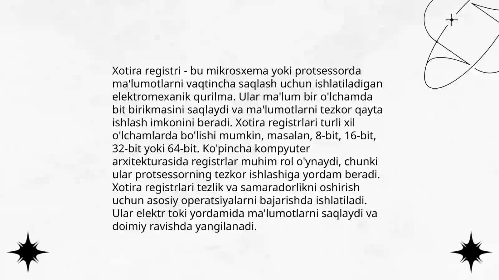 Xotira turlari va ularning xususiyatlari. Assembler dasturlashda registr xotirasi va RAM xotirasidan foydalanish 4