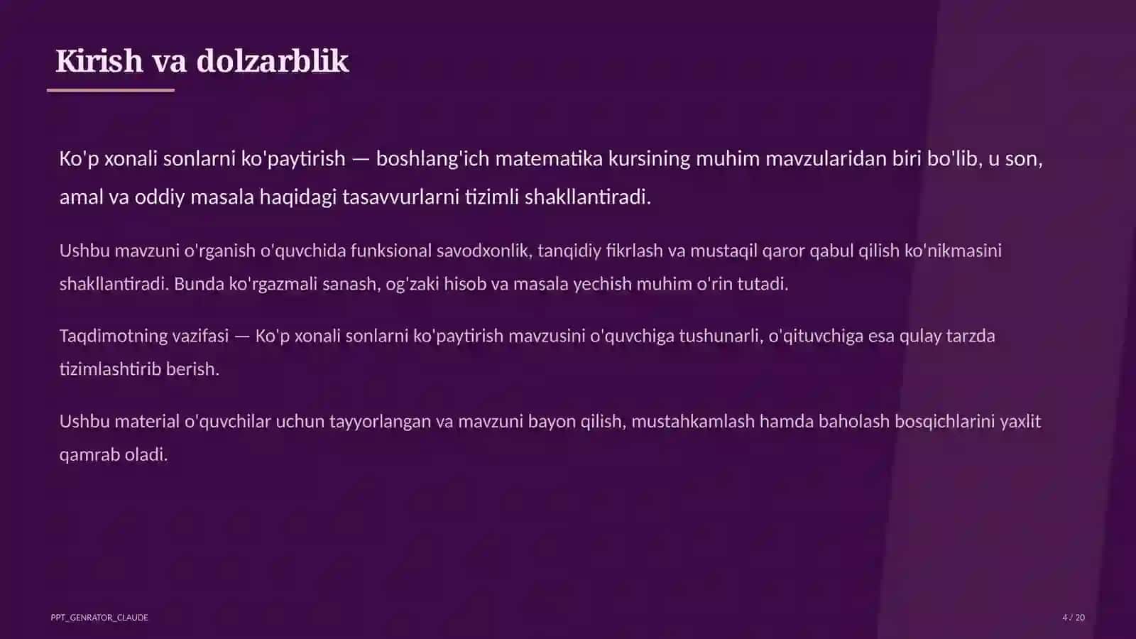 Ko'p xonali sonlarni ko'paytirish (4-sinf) 4