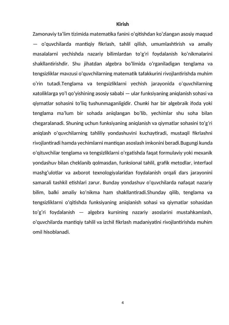 MIKRODARS MATEMATIKA "Tenglama va tengsizliklarda funksiya aniqlanish va qiymatlar sohasi topish" 4