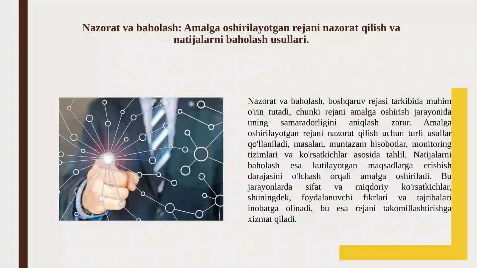 Boshqaruv rejasi tarkibini izohlang. 4