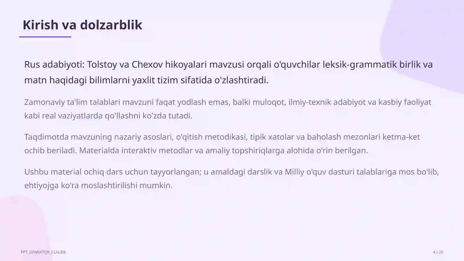 Rus adabiyoti: Tolstoy va Chexov hikoyalari (10-sinf) 4