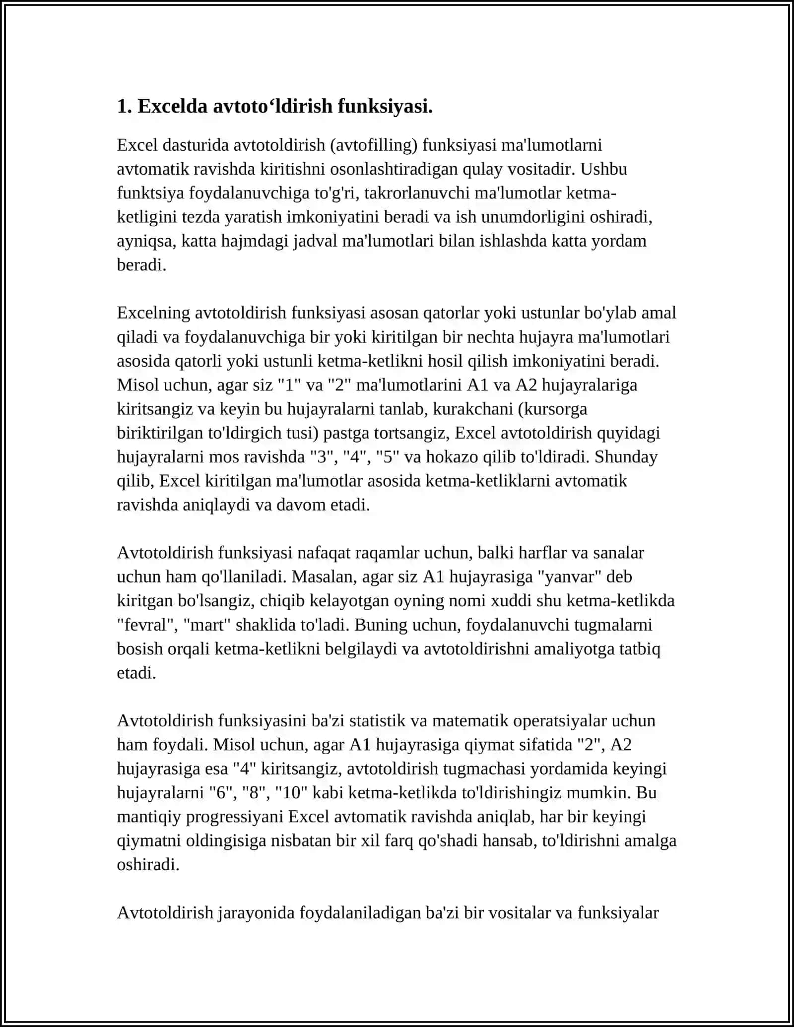 EXCEL DASTURIDA AVTOTOʻLDIRISHLAR VA AVTOHISOBLASHLAR. DIAGRAMMALAR YARATISH 4