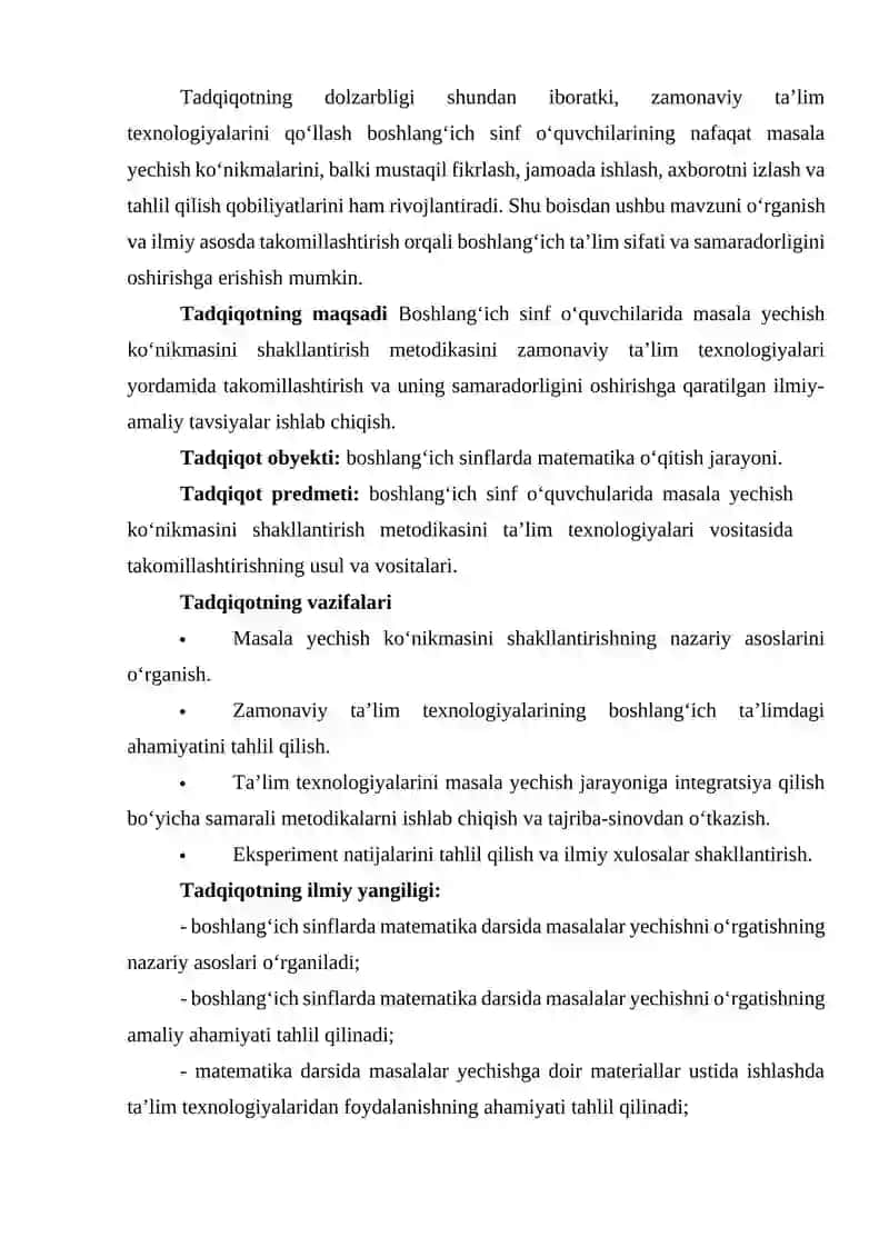 BOSHLANG‘ICH SINF O‘QUVCHILARIDA MASALA YECHISH KO‘NIKMASINI SHAKLLANTIRISH METODIKASINI TALIM TEXNOLOGIYALARI VOSITASIDA TAKOMILLASHTIRISH 4