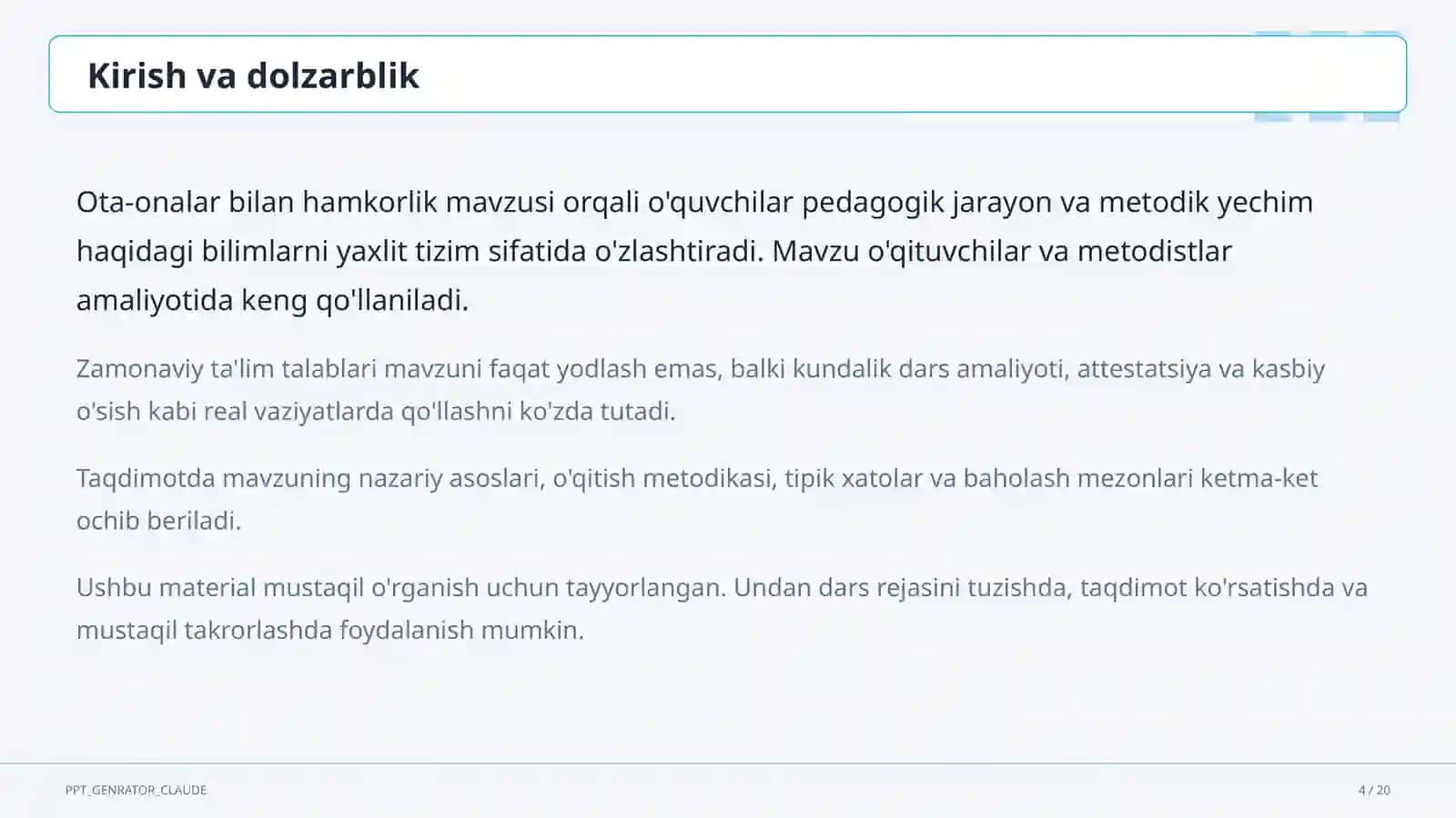 O'qituvchilar uchun: pedagogika va o'qitish metodikasi 4