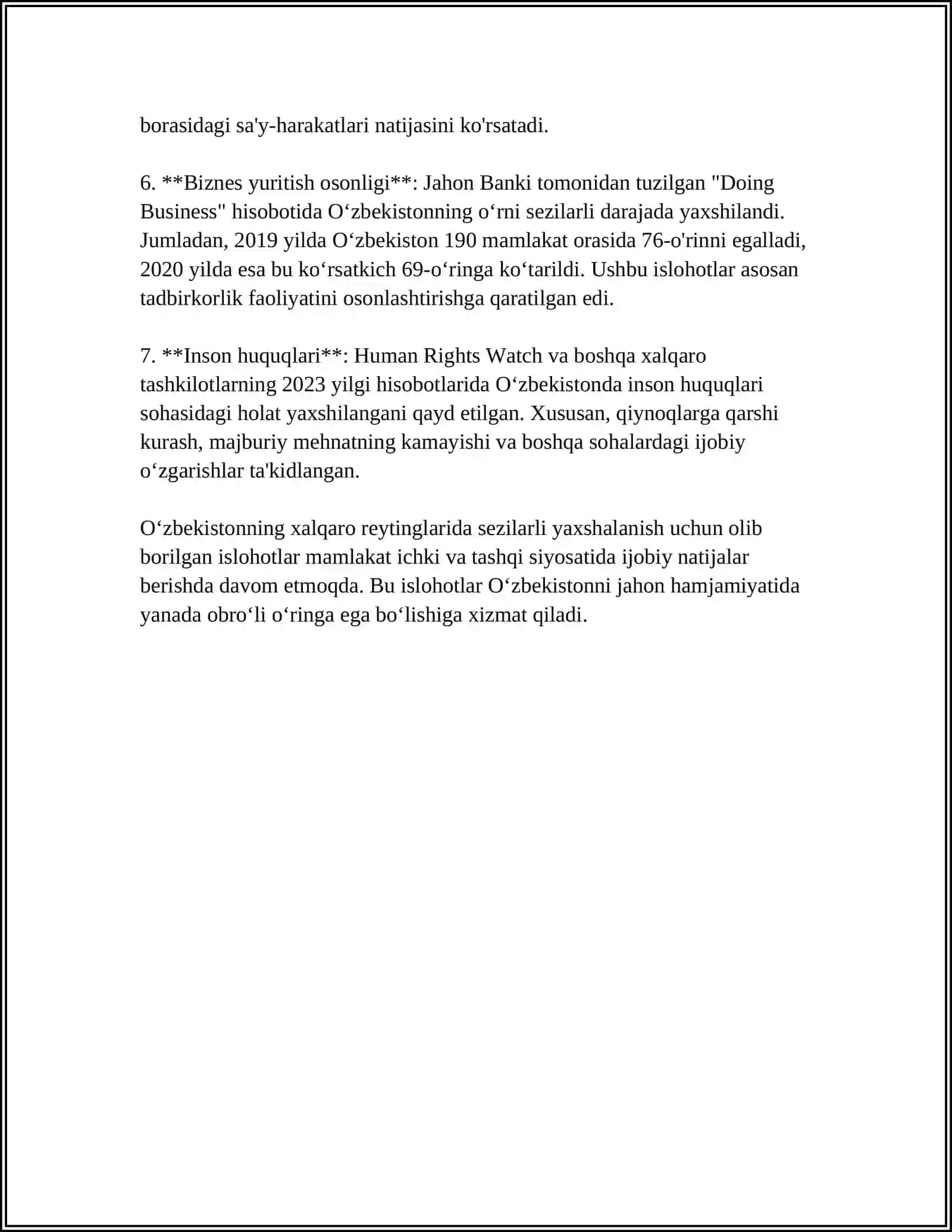 YANGI OʻZBEKISTON ISHTIMOIY -SIYOSIY, IQTISODIY VA MADANIY HAYOTIDA ROʻY BERAYOTGAN OʻZGARISHLARNING XALQARO REYTING VA INDEKSLARDA AKS ETISHI 4