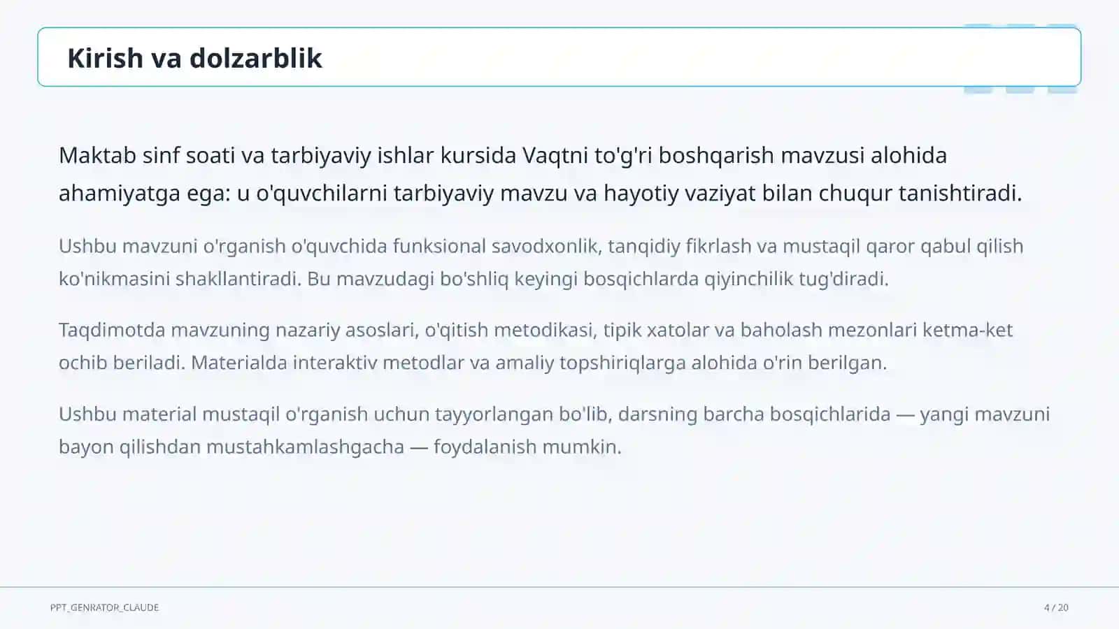 Sinf soati va tarbiyaviy tadbirlar (1–11) 4