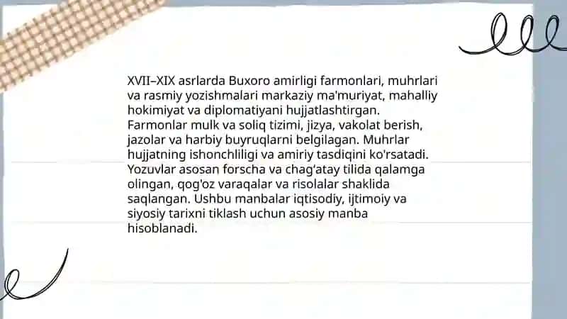 Oʻrta Osiyoning 17-19 asr tarixiga oid yozma manbalari 4
