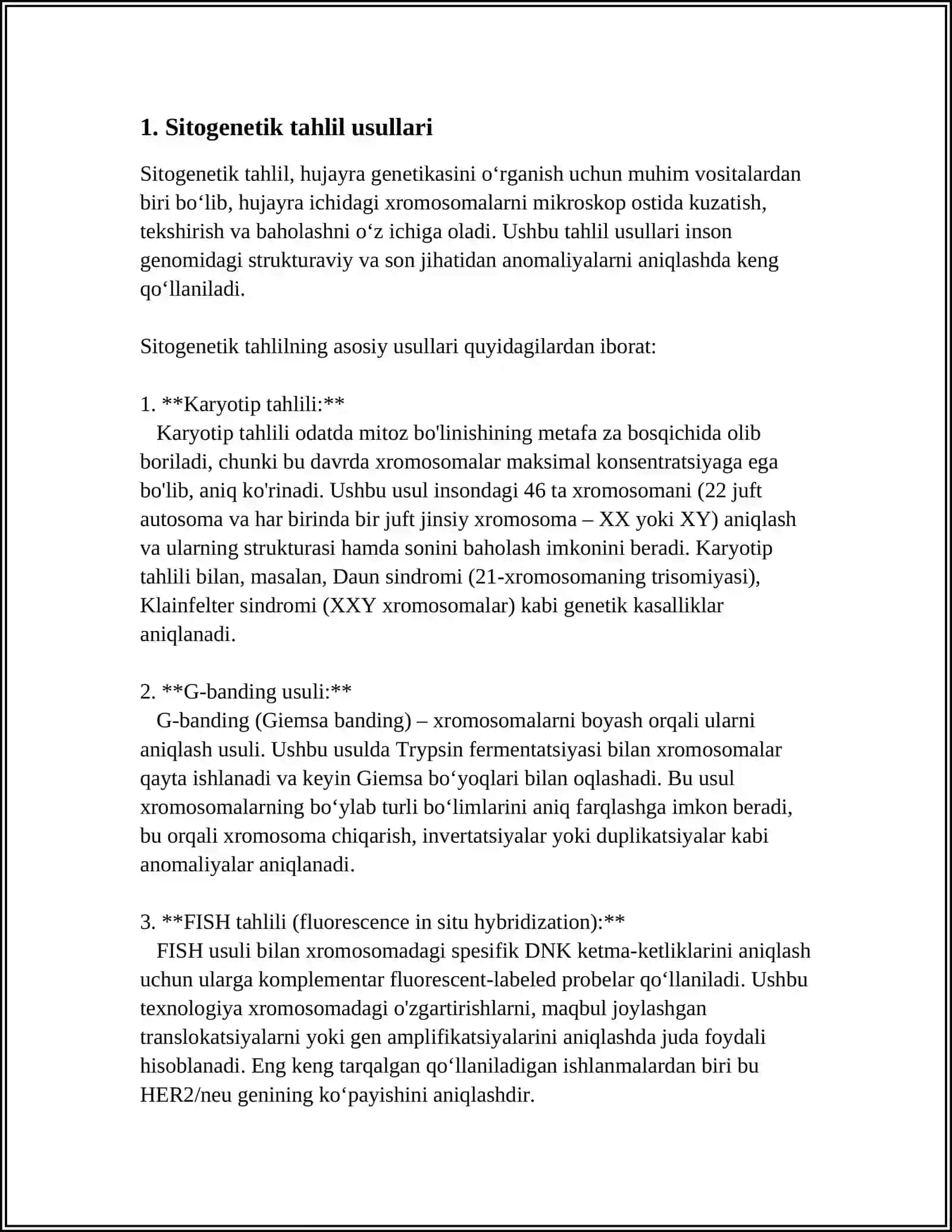 ODAM GENETIKASINI OʻRGANISH USULLARI: SITOGENETIK, DERMATOGLIFIKA, BIOKIMYOVIY. PERNATAL DIAGNOSTIKA 4