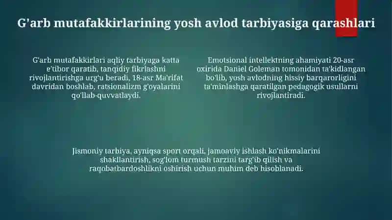 Sharq va G'arb mutafakkirlarining yosh avlod tarbiyasiga oid qarashlari 4