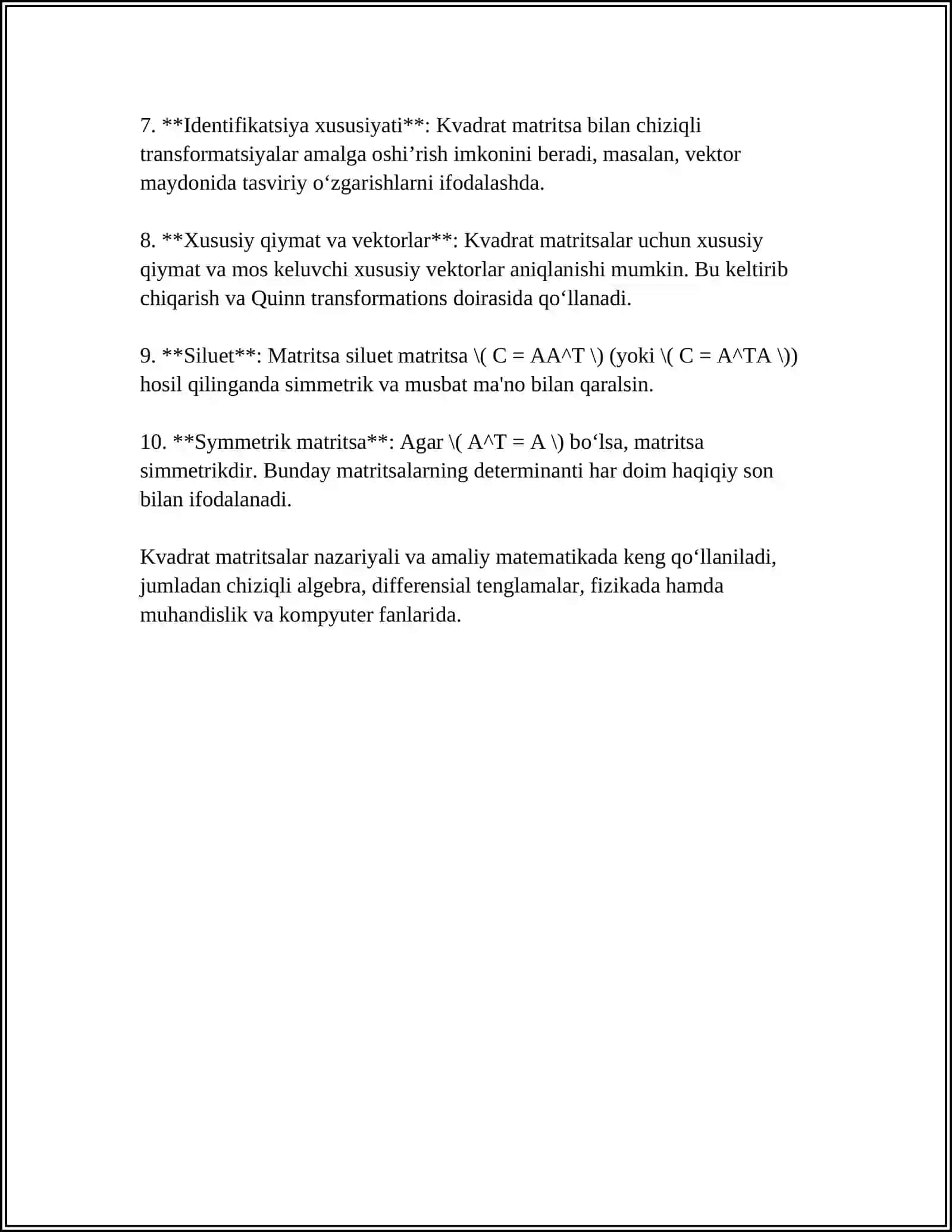 MATRITSALARNING TURLARI 4