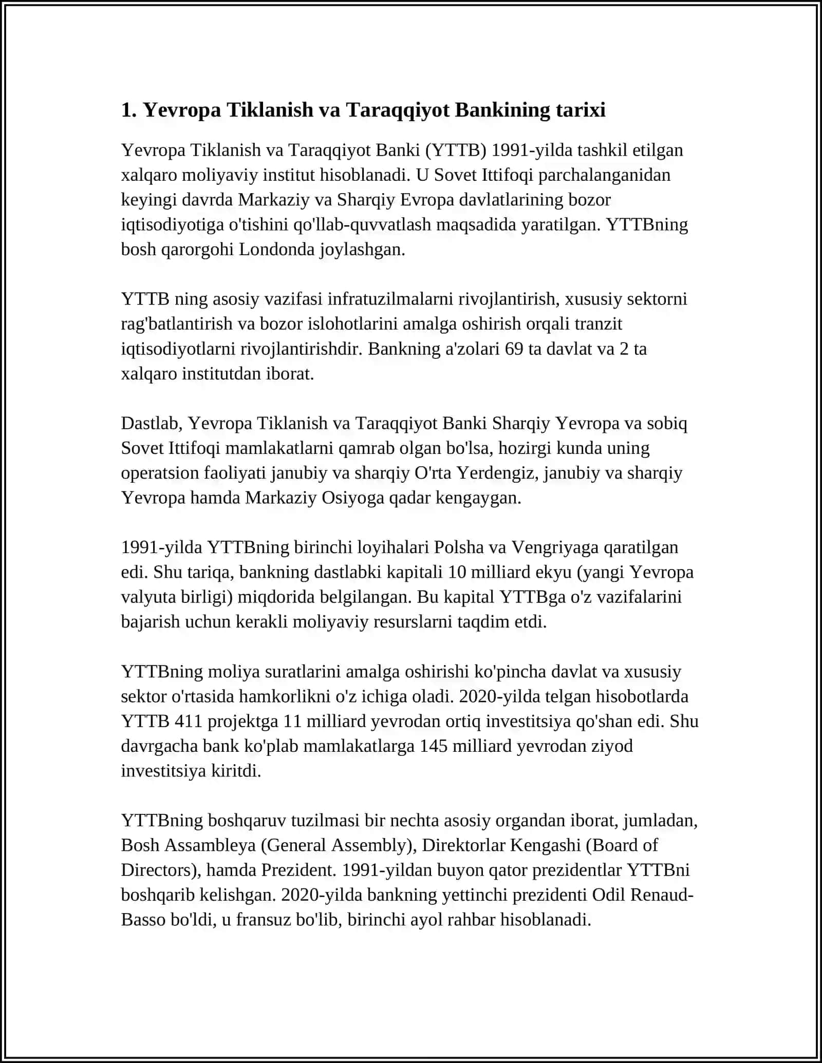 YEVROPA TIKLANISH VA TARAQQIYOT BANKI VA UNING KREDIT LINYASI HISOBIGA LOYIHALARNI MOLIYALASHTIRISH HUSUSIYATLARI REFERAT 4