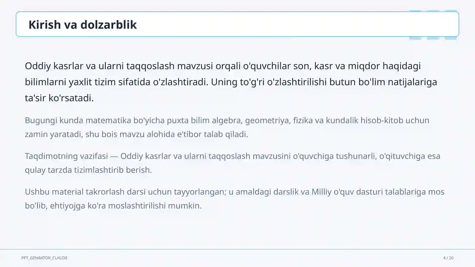 Oddiy kasrlar va ularni taqqoslash (5-sinf) 4