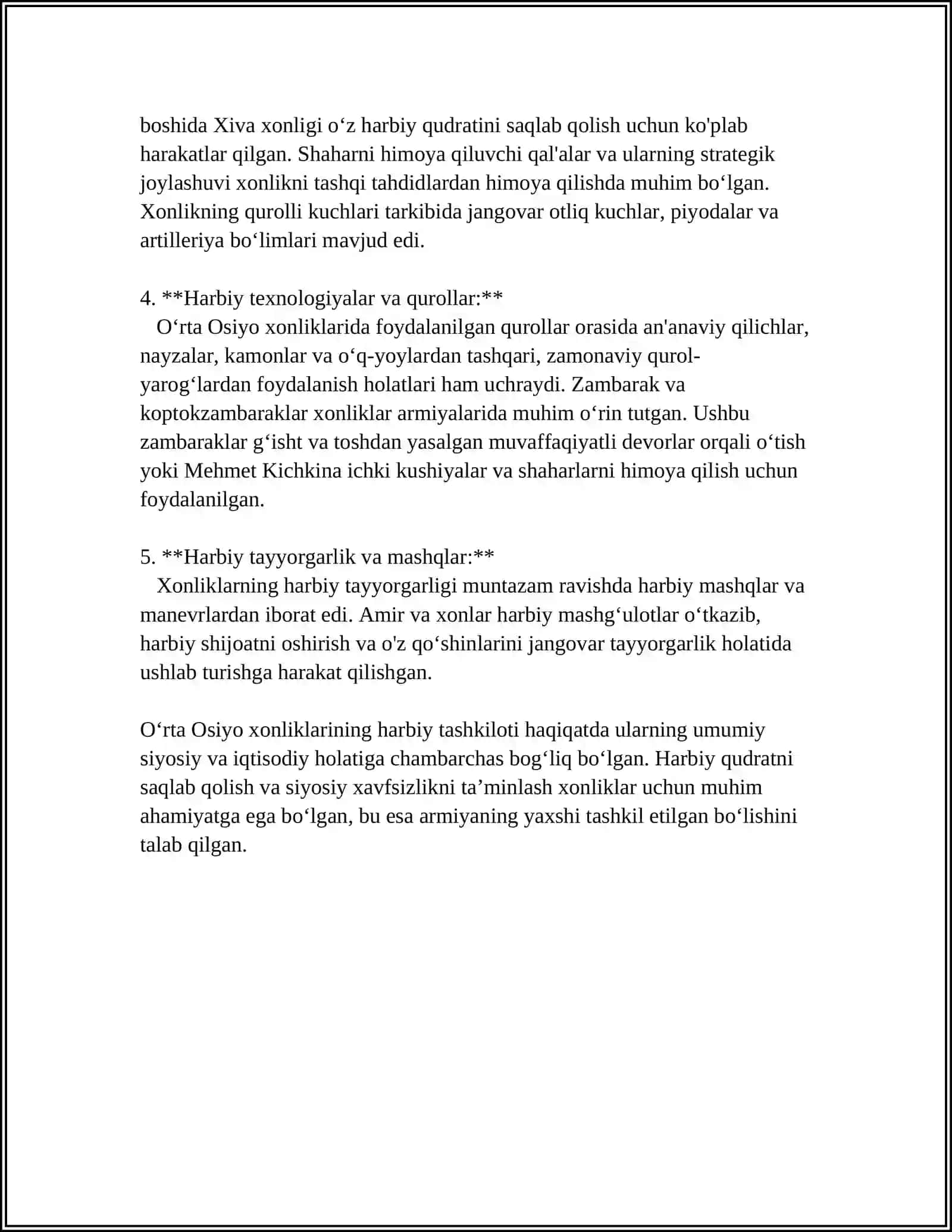 OʻRTA OSIYO XONLIKLARIDA HARBIY ISHLAR TARIXI.XONLIKLARINING TASHQI IQTISODIY VA SIYOSIY DIPLOMATIK ALOQALARI.QORAQALPOQLAR 4
